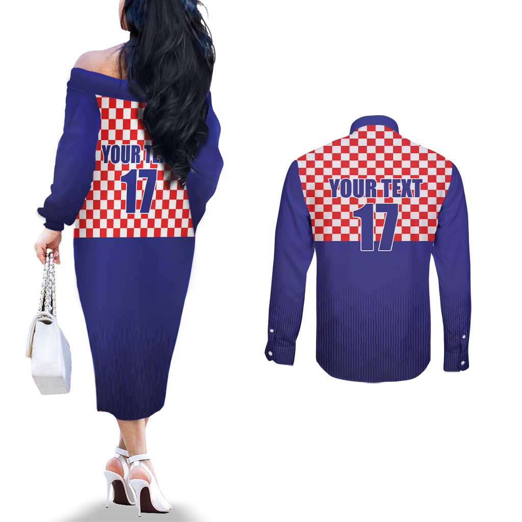 Custom Croatia Football Couples Matching Off The Shoulder Long Sleeve Dress and Long Sleeve Button Shirt Sporty Style