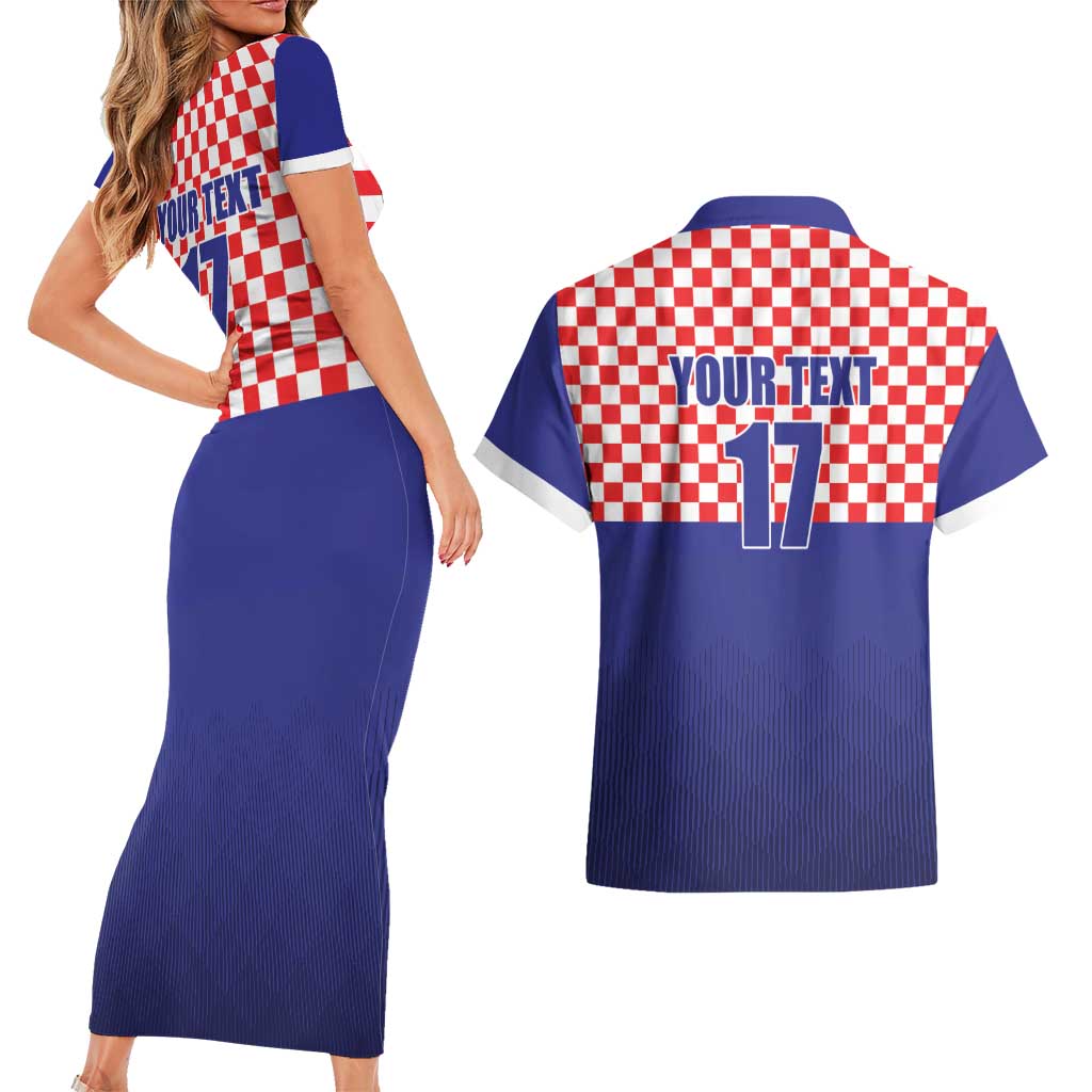 Custom Croatia Football Couples Matching Short Sleeve Bodycon Dress and Hawaiian Shirt Sporty Style