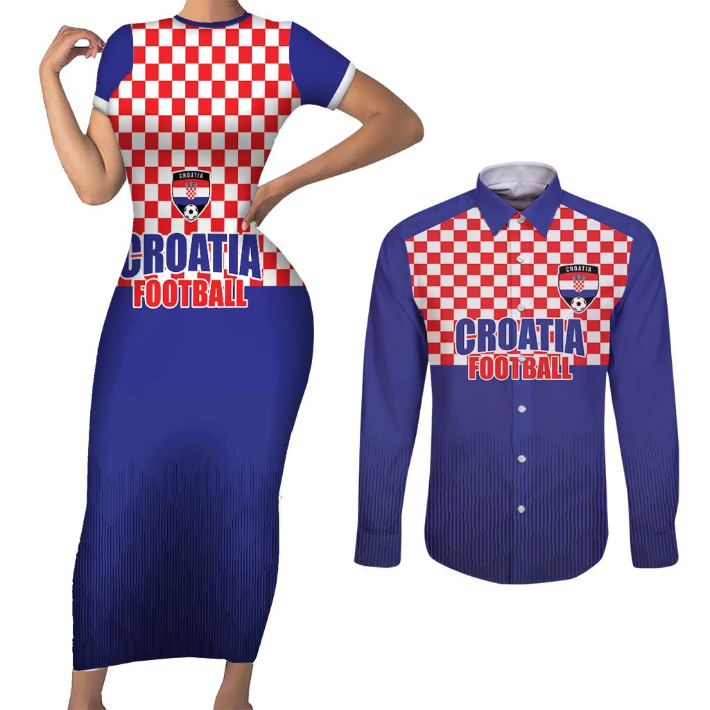 Custom Croatia Football Couples Matching Short Sleeve Bodycon Dress and Long Sleeve Button Shirt Sporty Style
