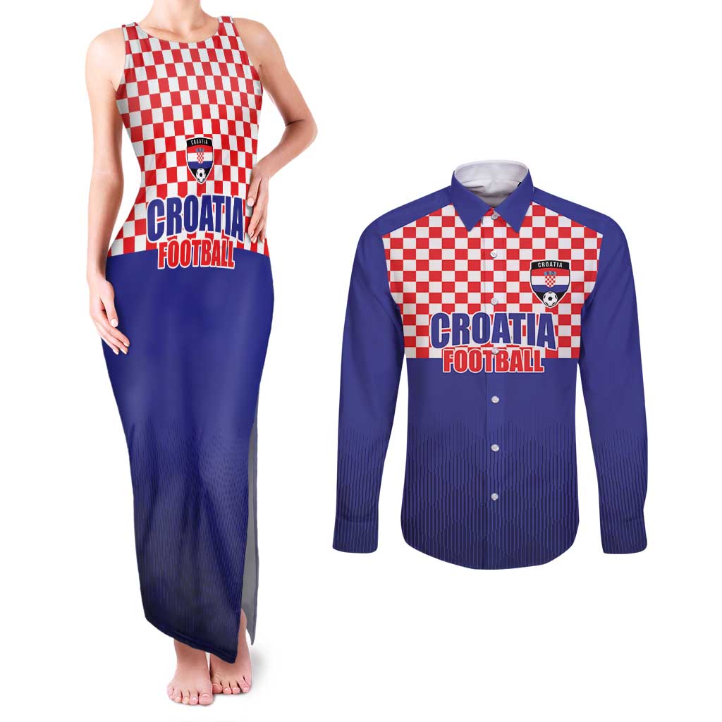 Custom Croatia Football Couples Matching Tank Maxi Dress and Long Sleeve Button Shirt Sporty Style