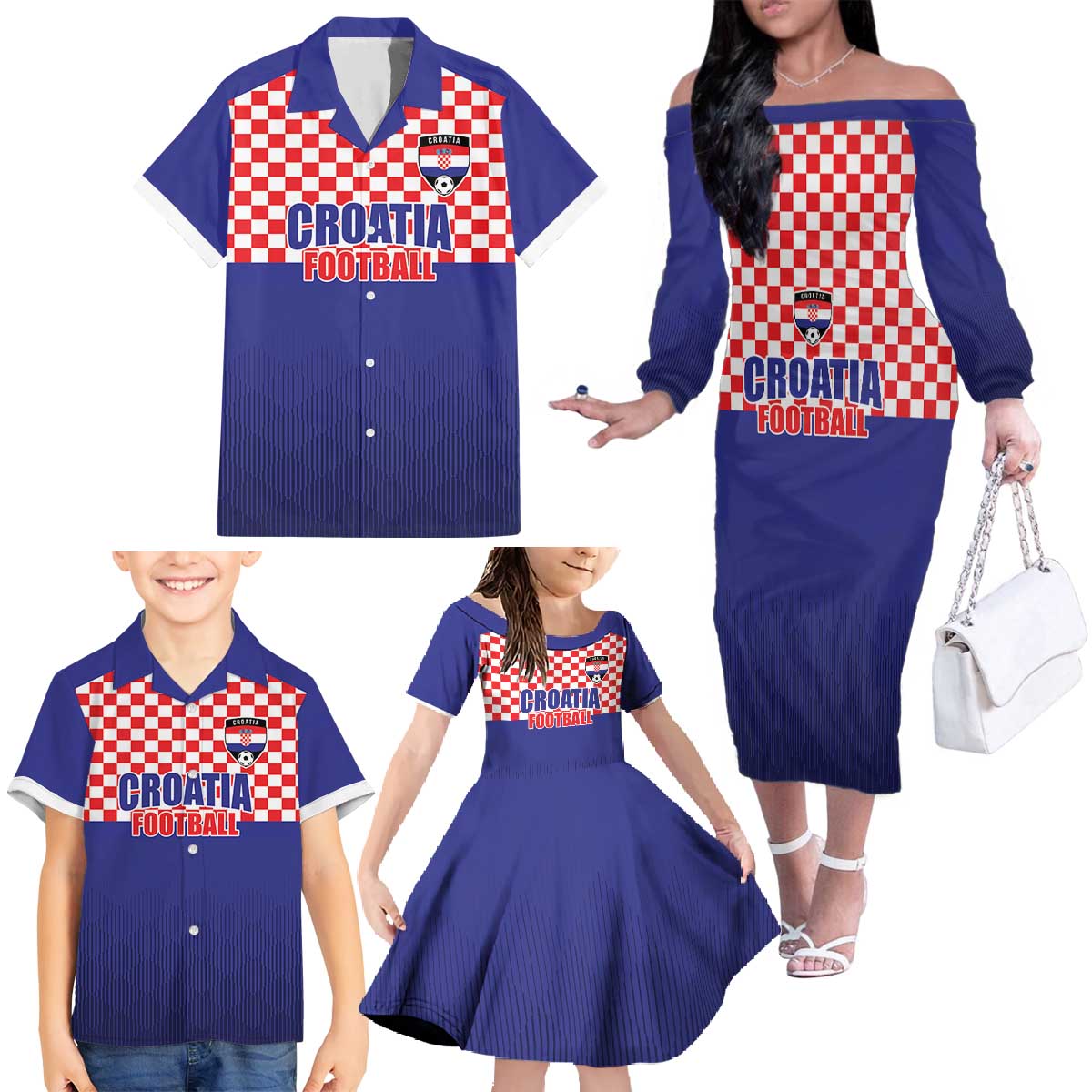 Custom Croatia Football Family Matching Off The Shoulder Long Sleeve Dress and Hawaiian Shirt Sporty Style