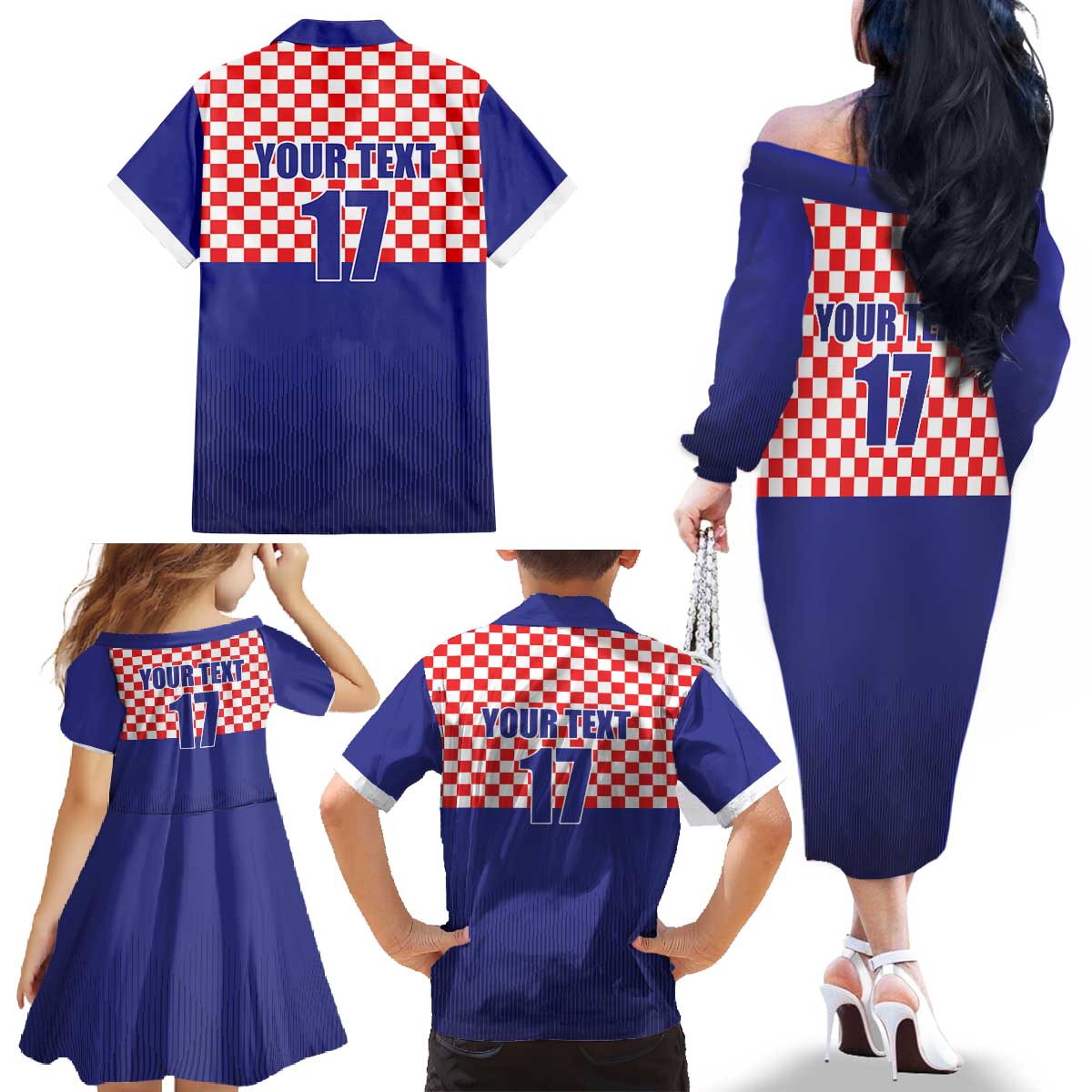 Custom Croatia Football Family Matching Off The Shoulder Long Sleeve Dress and Hawaiian Shirt Sporty Style