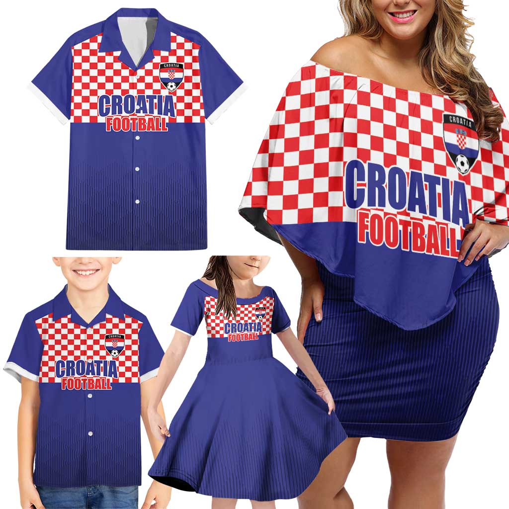Custom Croatia Football Family Matching Off Shoulder Short Dress and Hawaiian Shirt Sporty Style