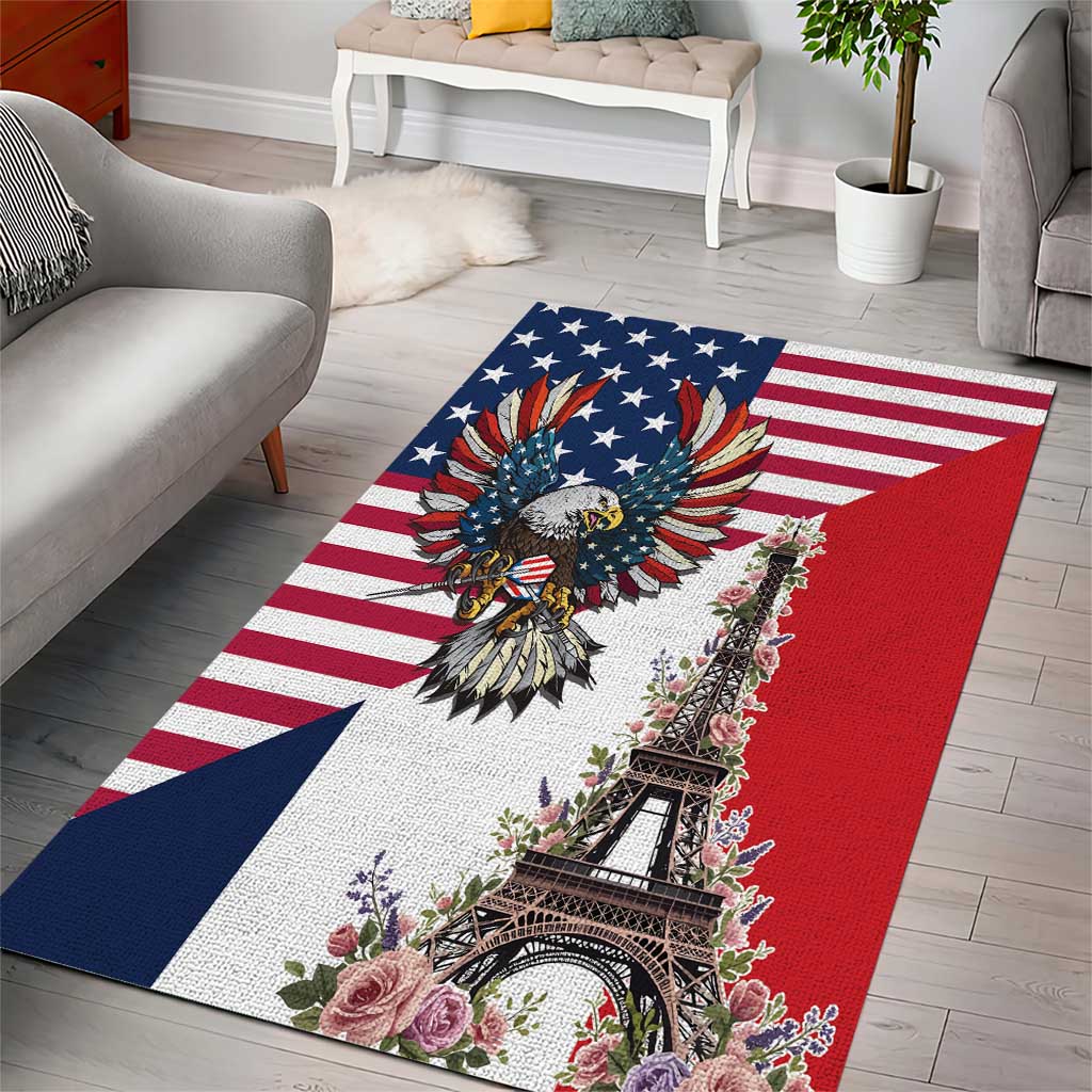 French American Heritage Month Area Rug Flag Style with USA Eagle and Eiffel Tower