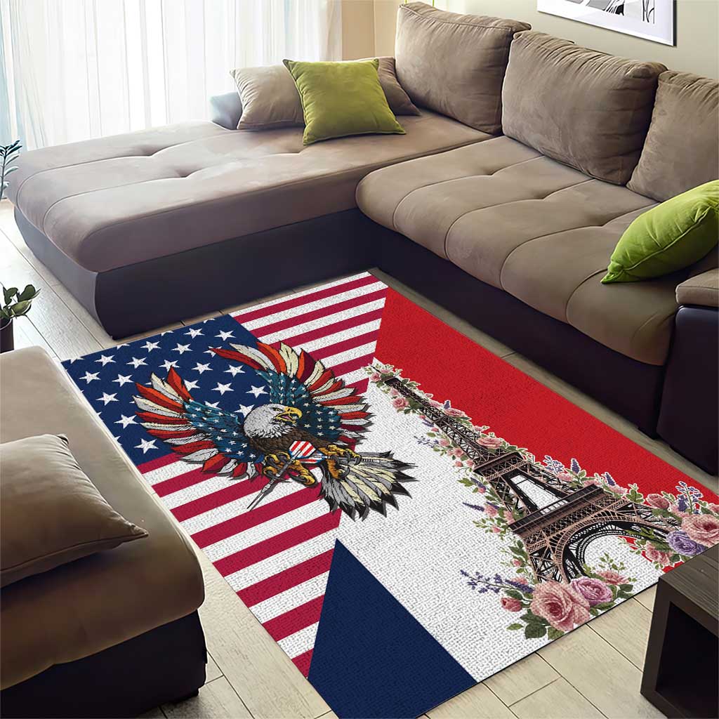 French American Heritage Month Area Rug Flag Style with USA Eagle and Eiffel Tower