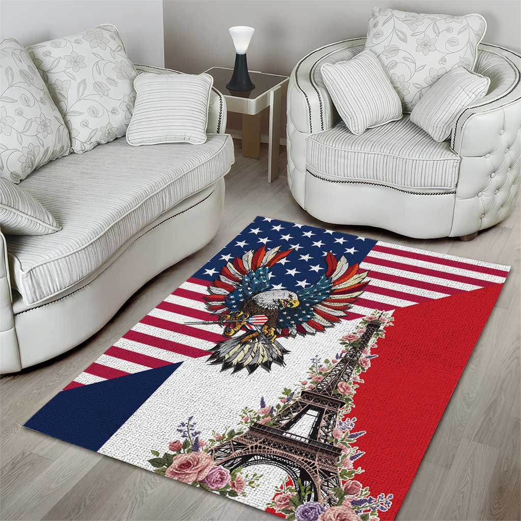 French American Heritage Month Area Rug Flag Style with USA Eagle and Eiffel Tower
