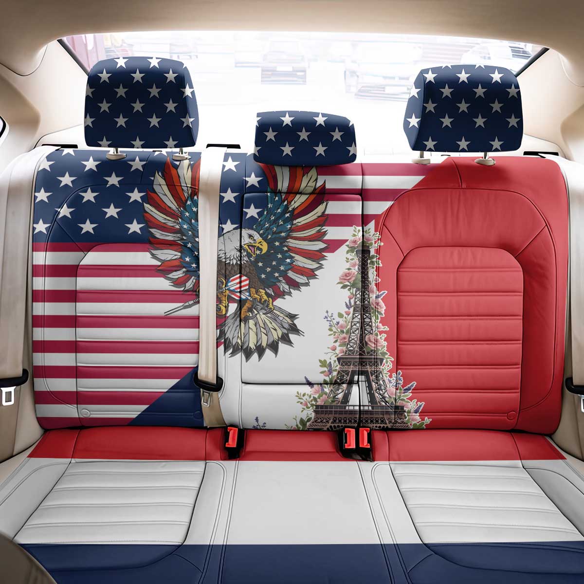 French American Heritage Month Back Car Seat Cover Flag Style with USA Eagle and Eiffel Tower