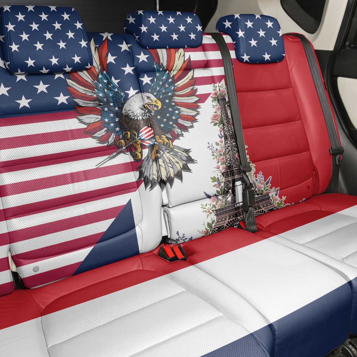 French American Heritage Month Back Car Seat Cover Flag Style with USA Eagle and Eiffel Tower