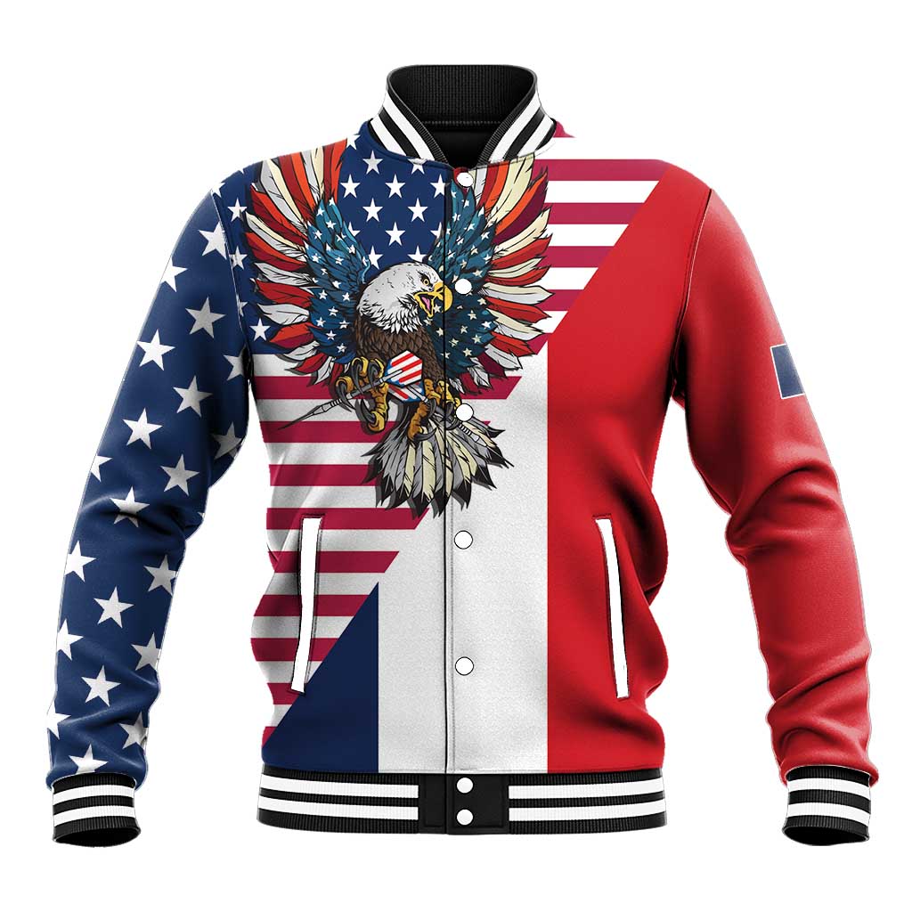 French American Heritage Month Baseball Jacket Flag Style with USA Eagle and Eiffel Tower