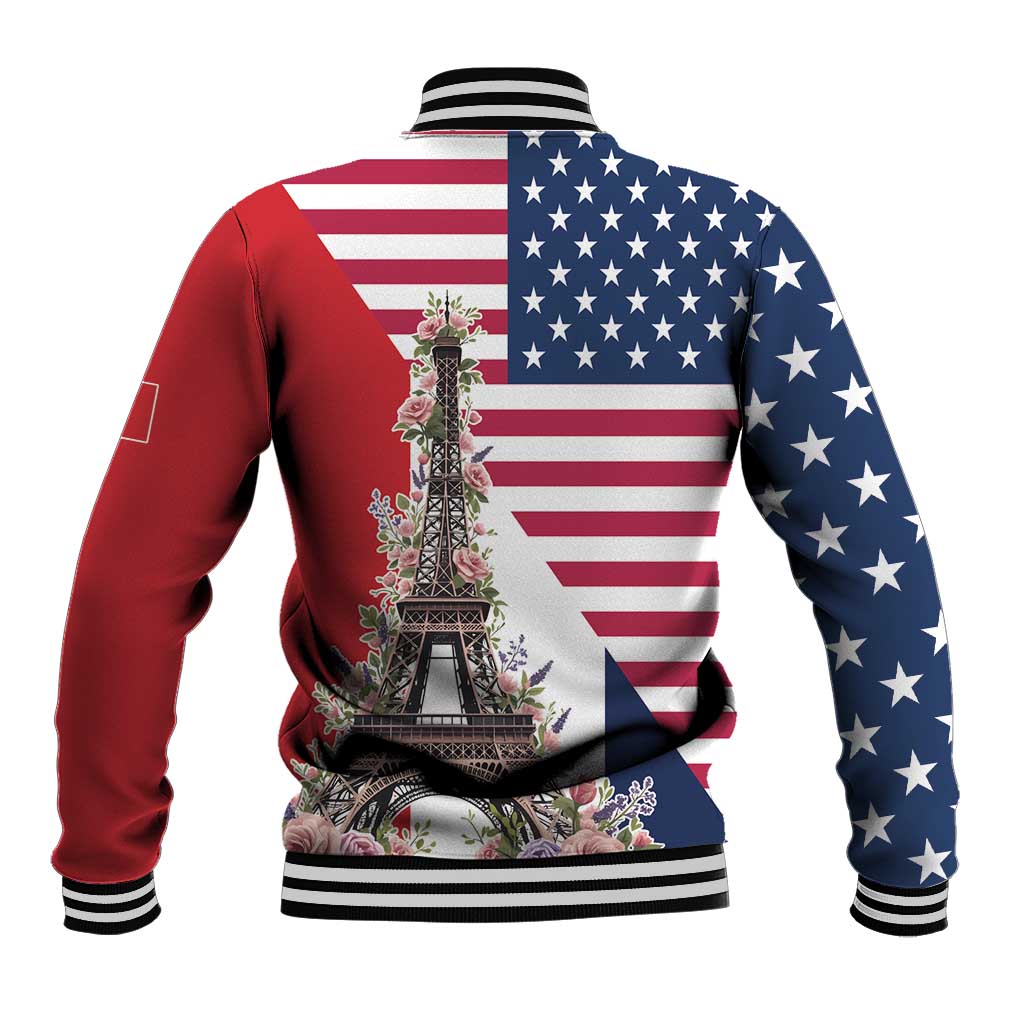 French American Heritage Month Baseball Jacket Flag Style with USA Eagle and Eiffel Tower