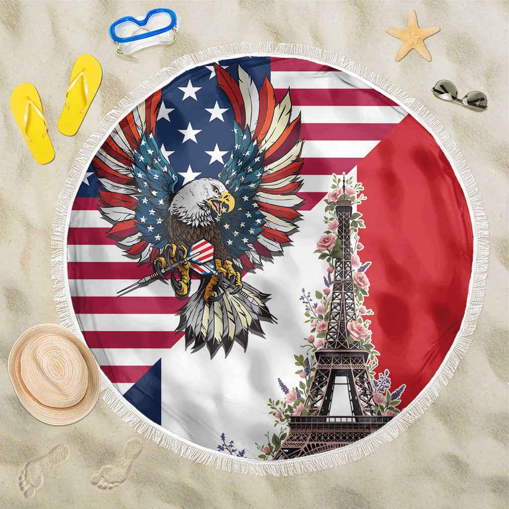 French American Heritage Month Beach Blanket Flag Style with USA Eagle and Eiffel Tower
