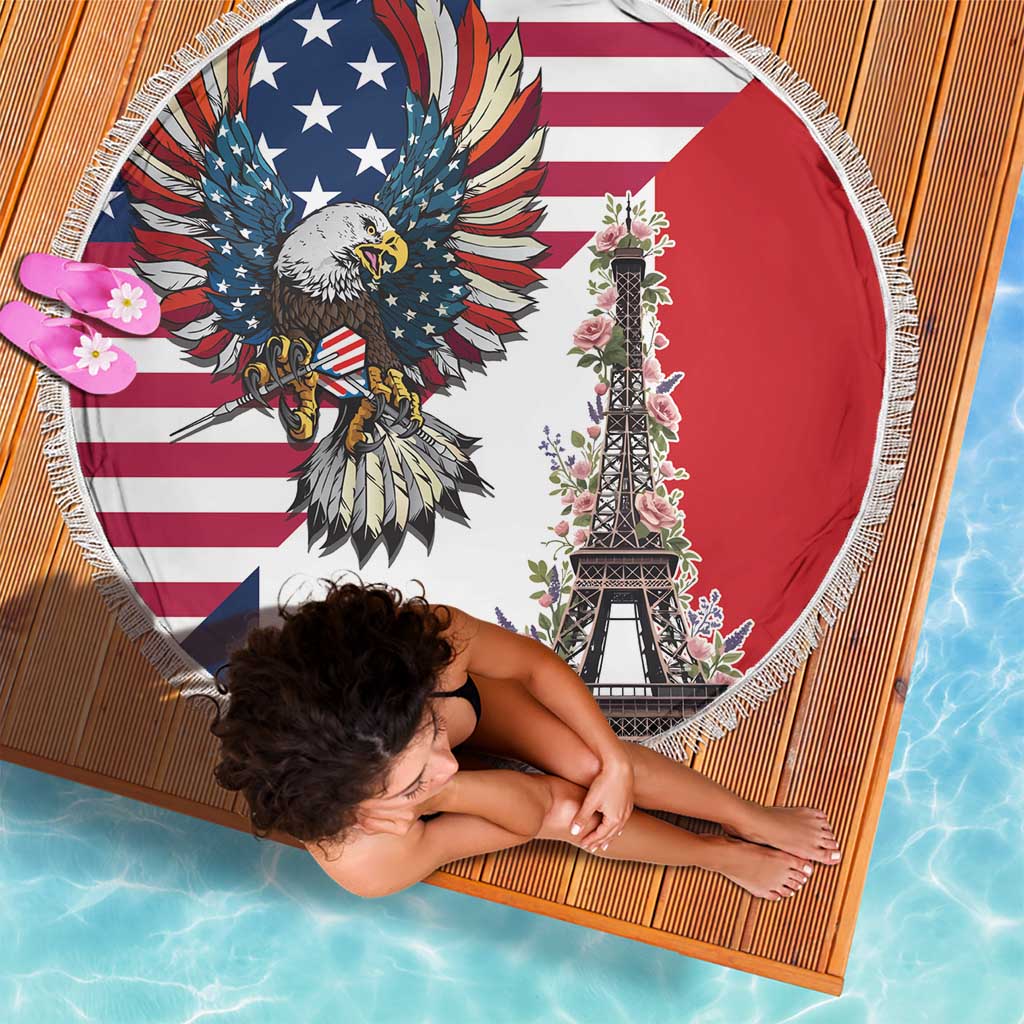 French American Heritage Month Beach Blanket Flag Style with USA Eagle and Eiffel Tower