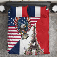 French American Heritage Month Bedding Set Flag Style with USA Eagle and Eiffel Tower