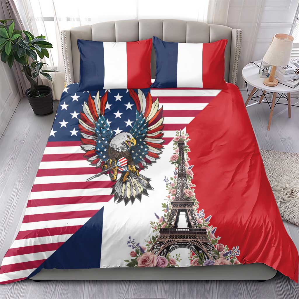 French American Heritage Month Bedding Set Flag Style with USA Eagle and Eiffel Tower
