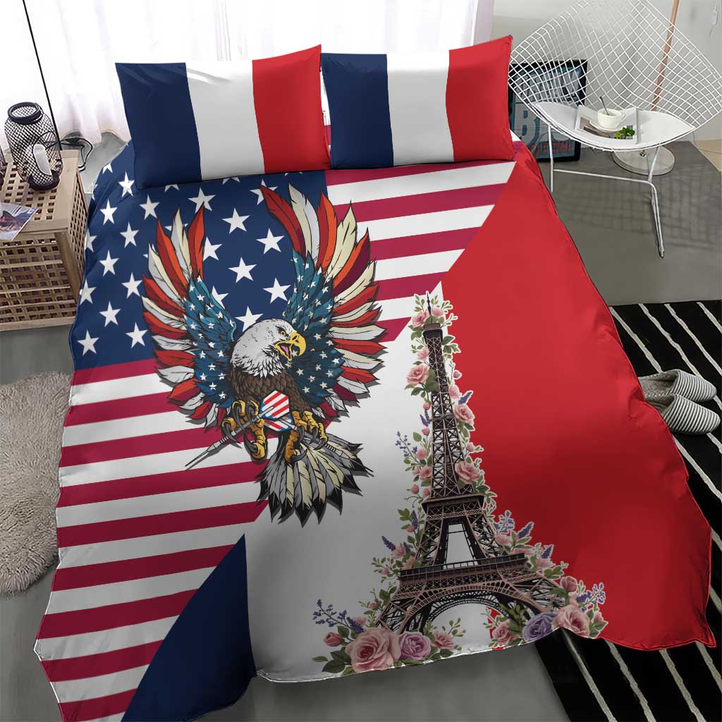 French American Heritage Month Bedding Set Flag Style with USA Eagle and Eiffel Tower