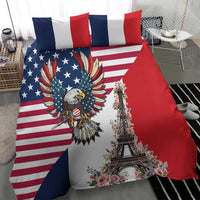 French American Heritage Month Bedding Set Flag Style with USA Eagle and Eiffel Tower