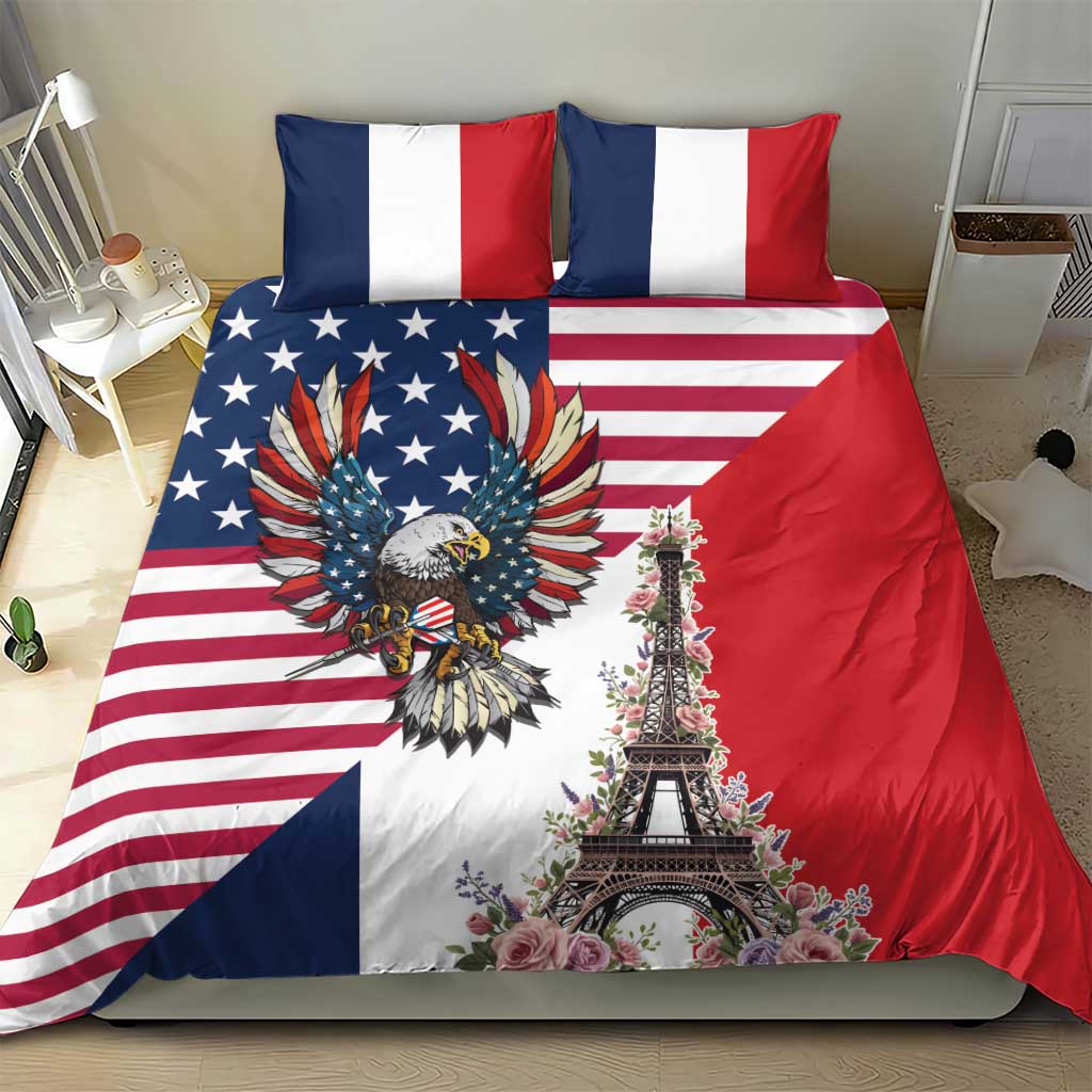 French American Heritage Month Bedding Set Flag Style with USA Eagle and Eiffel Tower