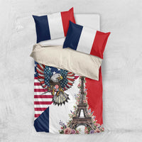 French American Heritage Month Bedding Set Flag Style with USA Eagle and Eiffel Tower