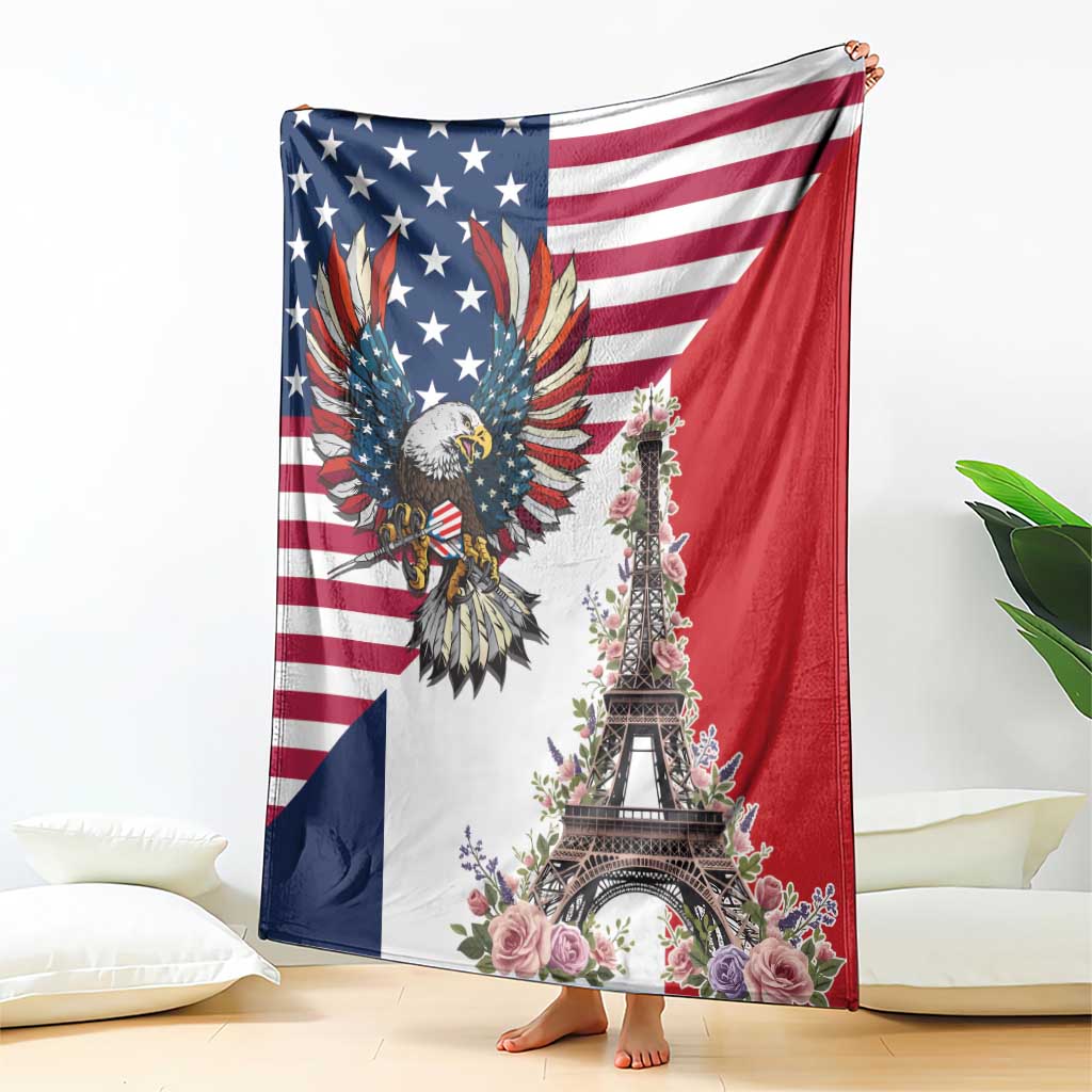 French American Heritage Month Blanket Flag Style with USA Eagle and Eiffel Tower