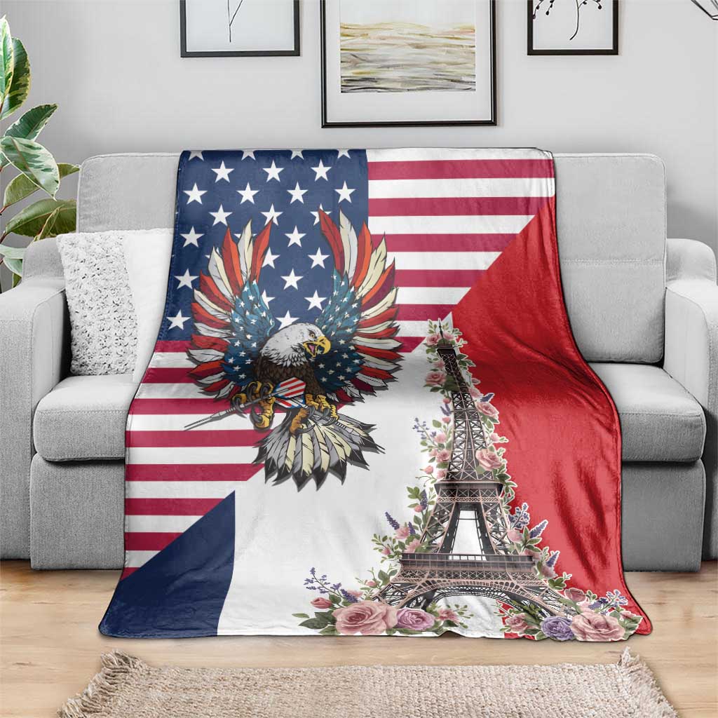 French American Heritage Month Blanket Flag Style with USA Eagle and Eiffel Tower