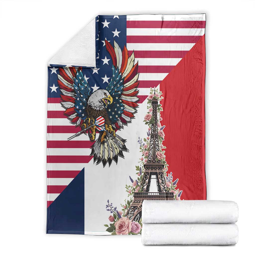 French American Heritage Month Blanket Flag Style with USA Eagle and Eiffel Tower