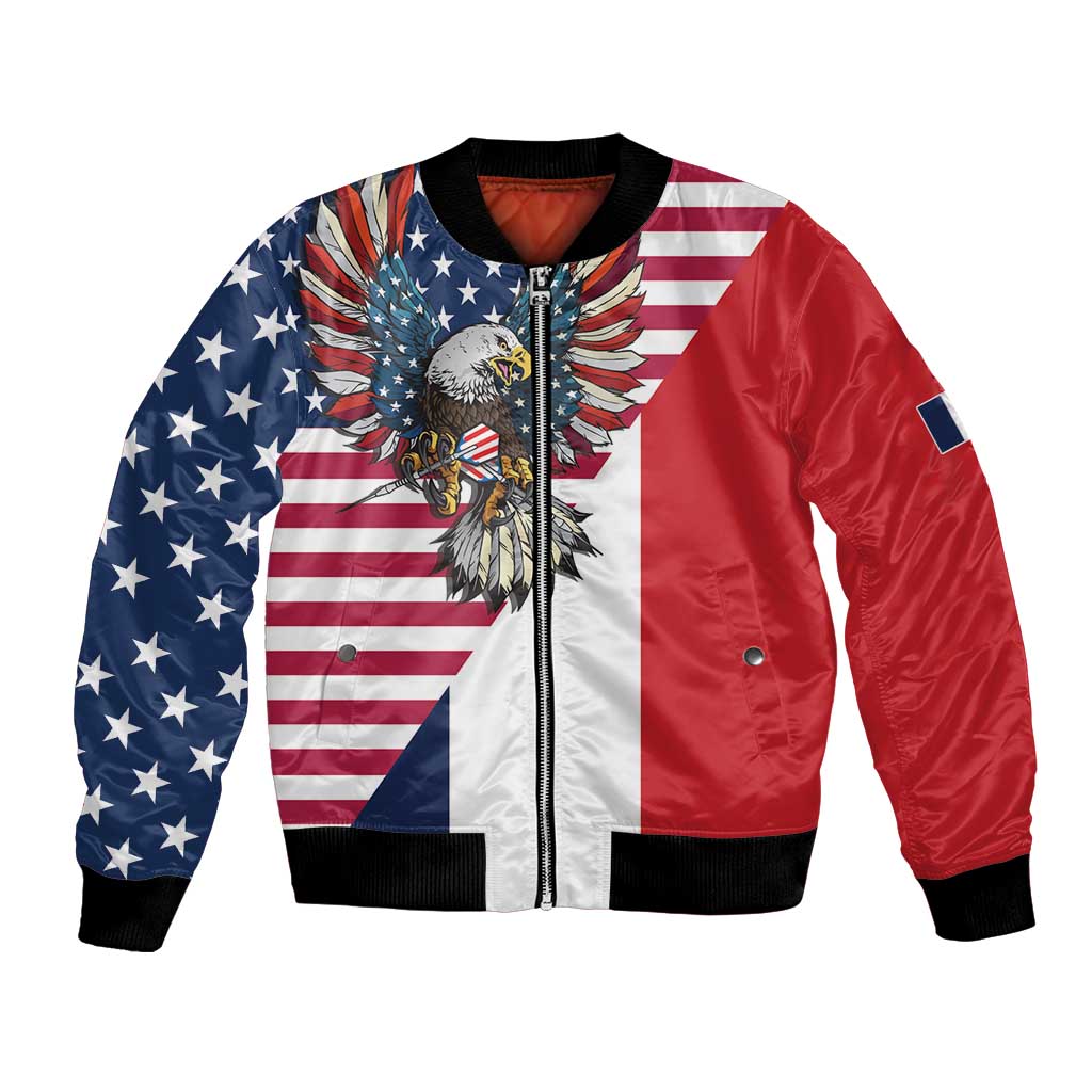 French American Heritage Month Bomber Jacket Flag Style with USA Eagle and Eiffel Tower