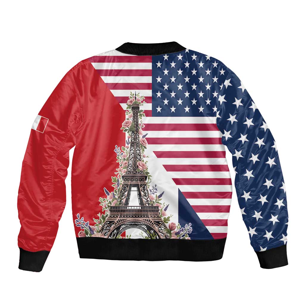 French American Heritage Month Bomber Jacket Flag Style with USA Eagle and Eiffel Tower