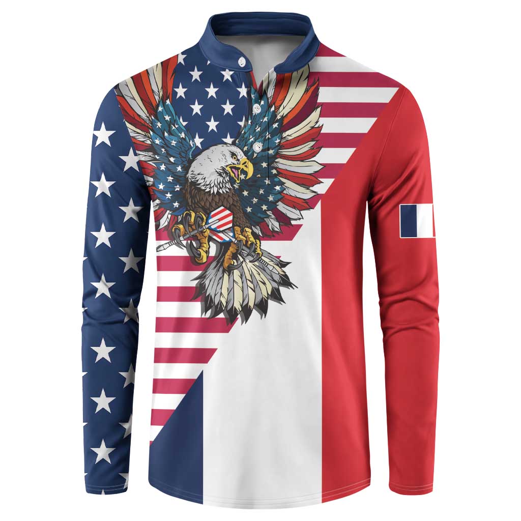 French American Heritage Month Button Sweatshirt Flag Style with USA Eagle and Eiffel Tower
