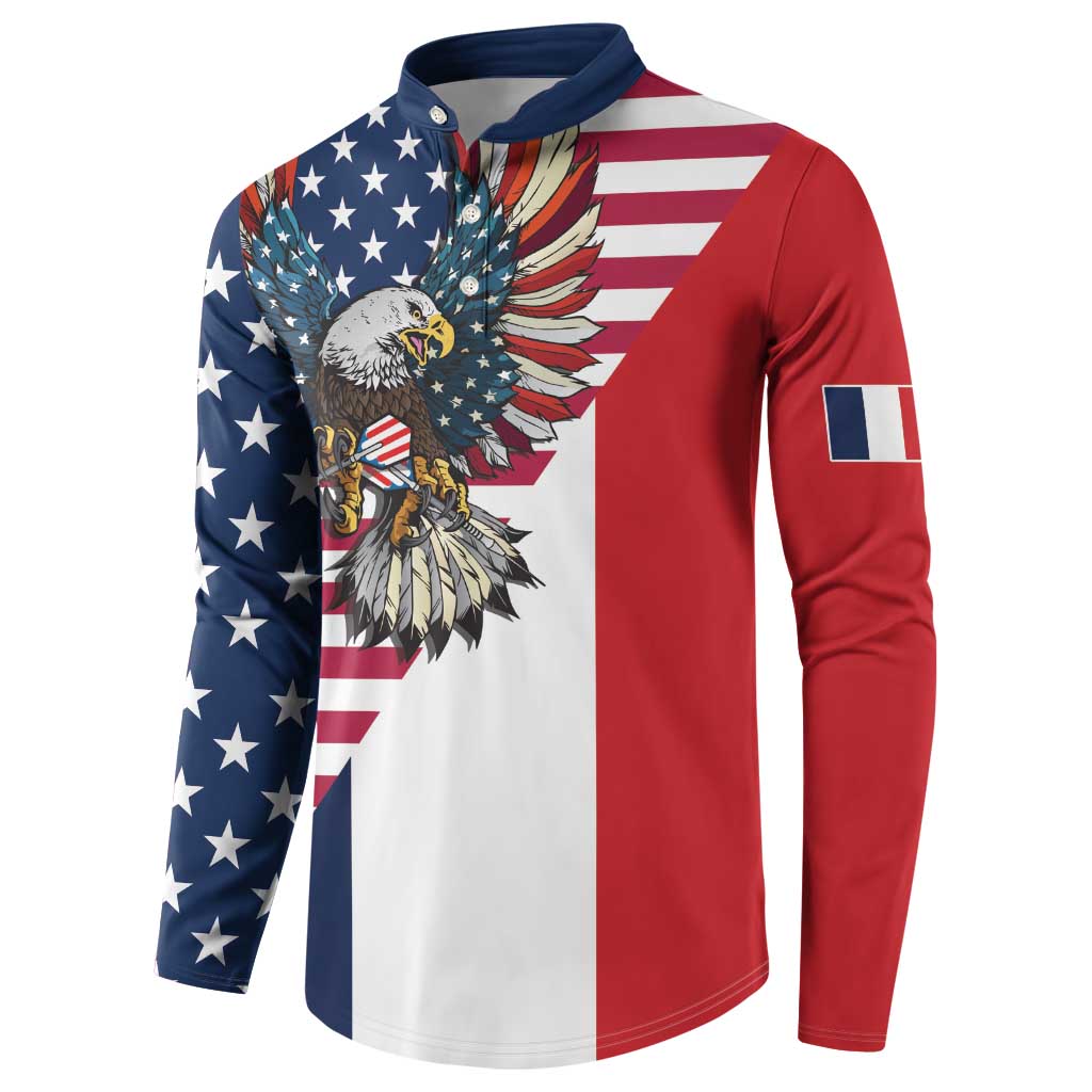 French American Heritage Month Button Sweatshirt Flag Style with USA Eagle and Eiffel Tower