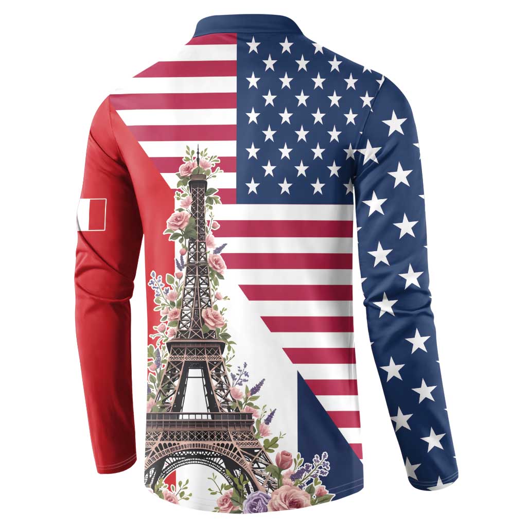 French American Heritage Month Button Sweatshirt Flag Style with USA Eagle and Eiffel Tower