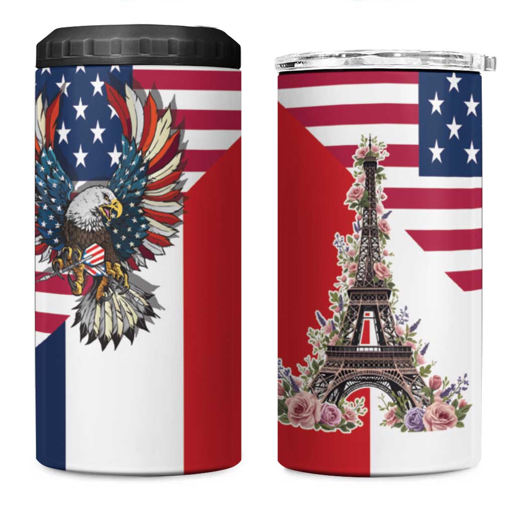 French American Heritage Month 4 in 1 Can Cooler Tumbler Flag Style with USA Eagle and Eiffel Tower
