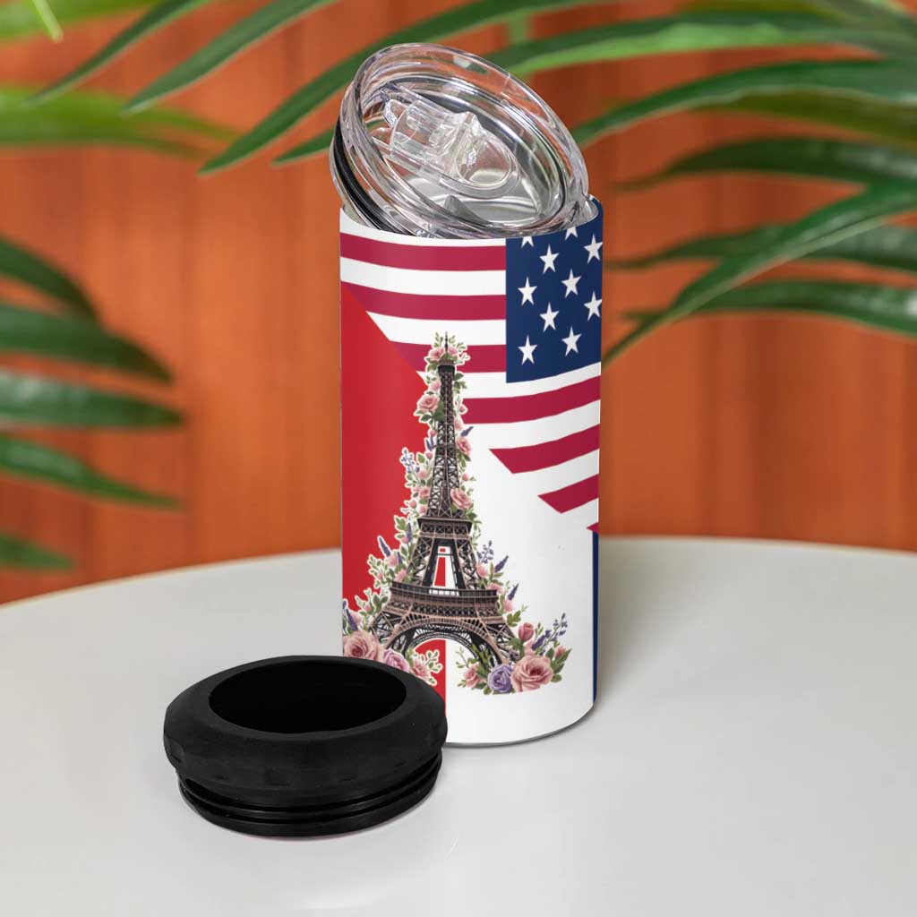 French American Heritage Month 4 in 1 Can Cooler Tumbler Flag Style with USA Eagle and Eiffel Tower