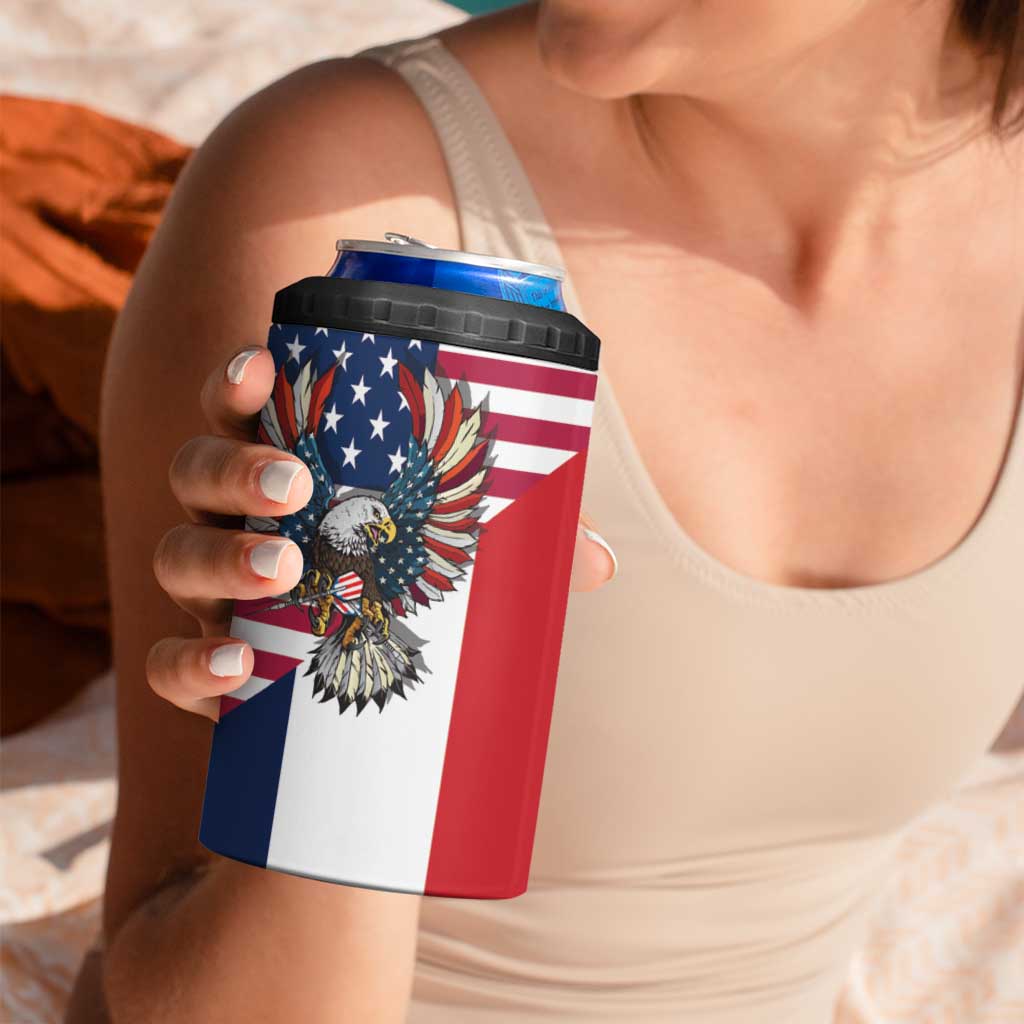 French American Heritage Month 4 in 1 Can Cooler Tumbler Flag Style with USA Eagle and Eiffel Tower