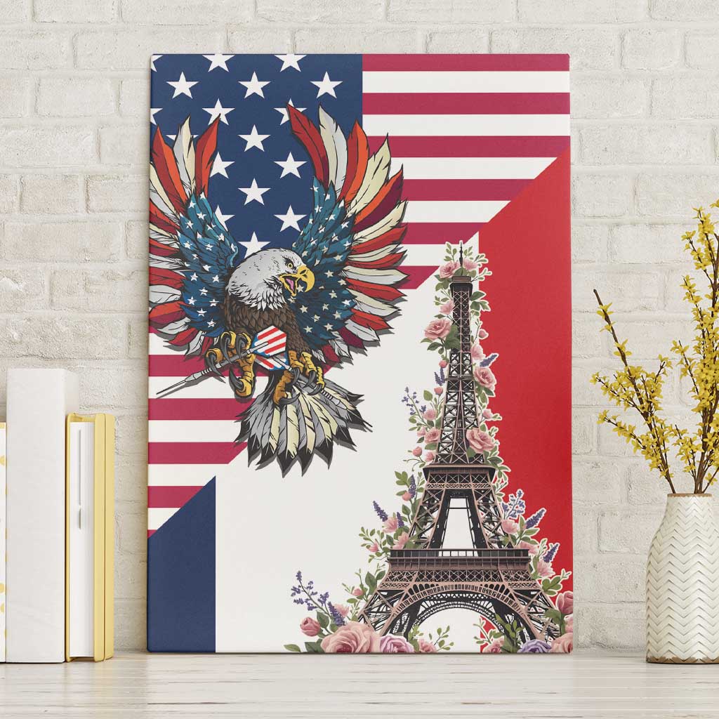 French American Heritage Month Canvas Wall Art Flag Style with USA Eagle and Eiffel Tower