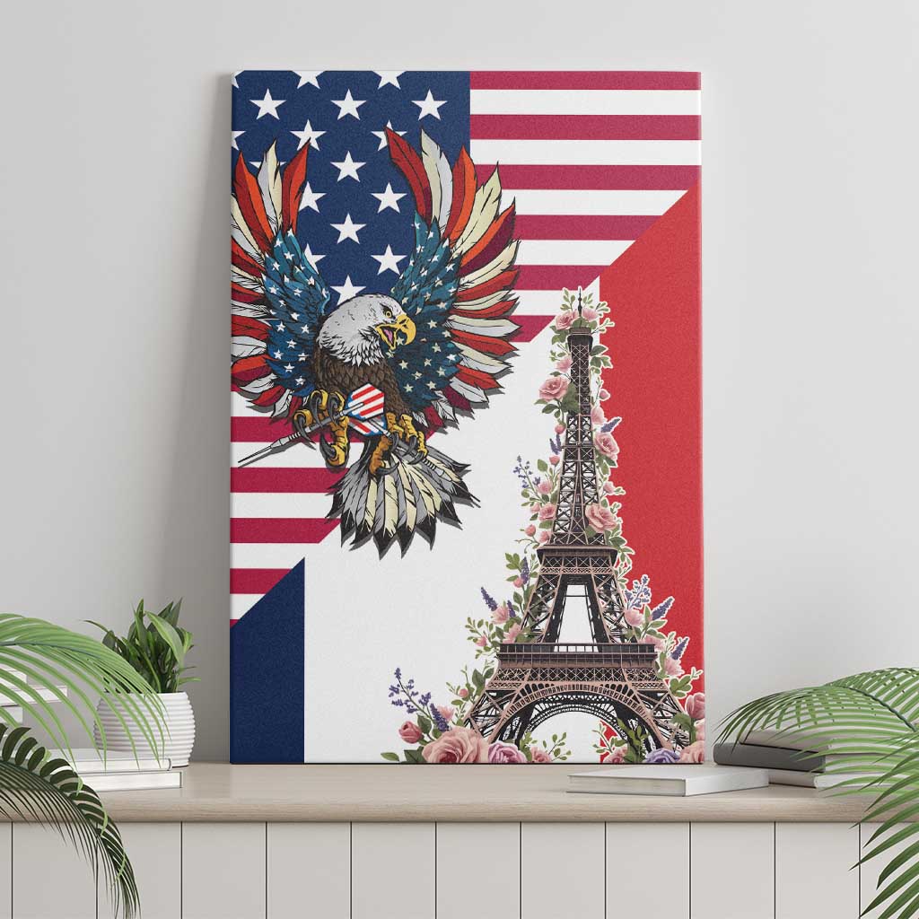French American Heritage Month Canvas Wall Art Flag Style with USA Eagle and Eiffel Tower