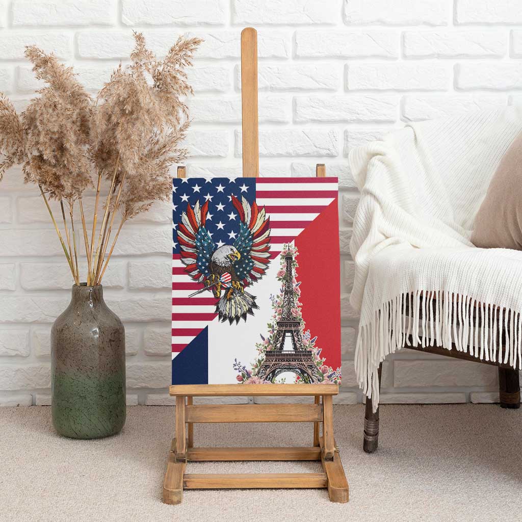 French American Heritage Month Canvas Wall Art Flag Style with USA Eagle and Eiffel Tower