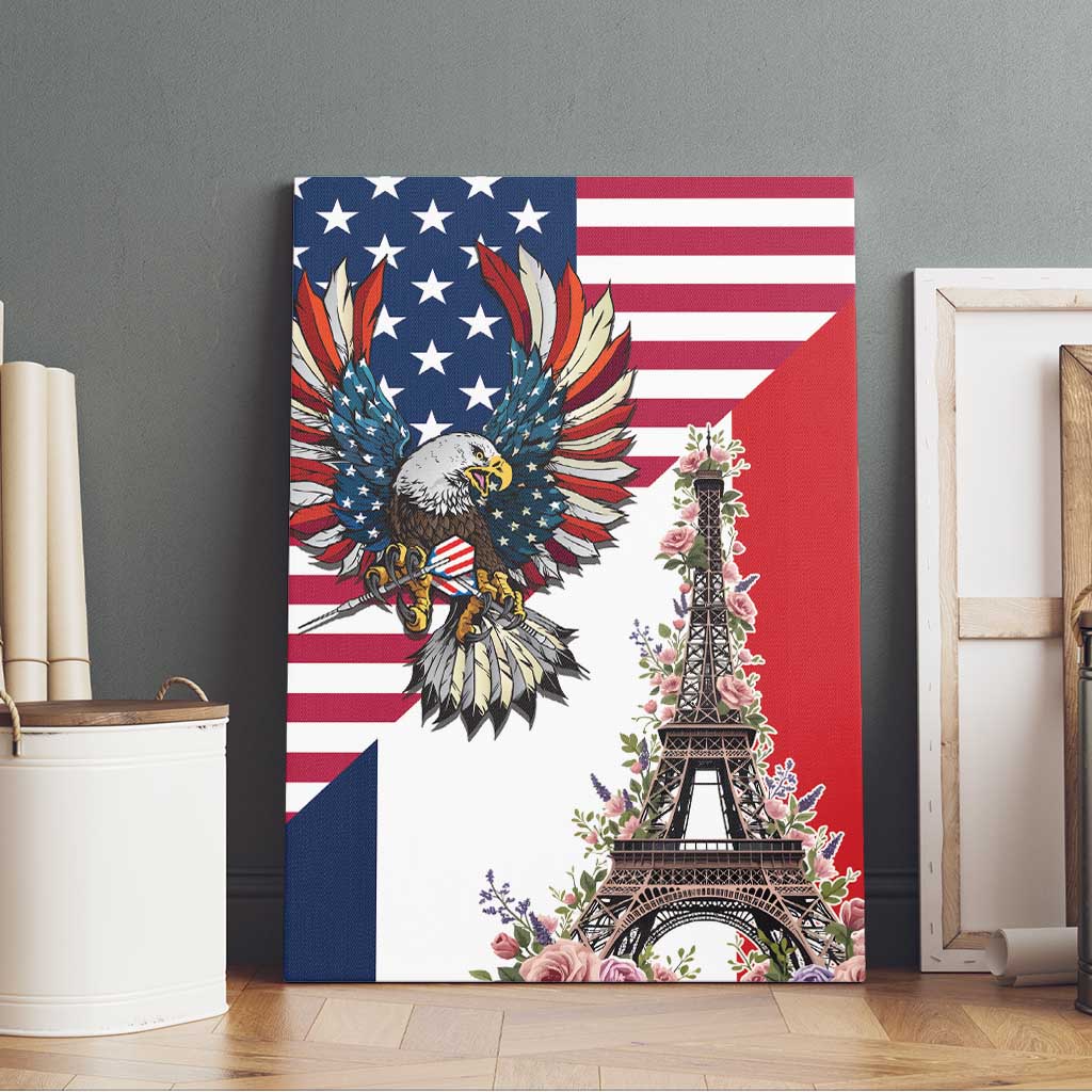 French American Heritage Month Canvas Wall Art Flag Style with USA Eagle and Eiffel Tower