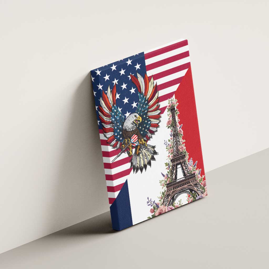 French American Heritage Month Canvas Wall Art Flag Style with USA Eagle and Eiffel Tower