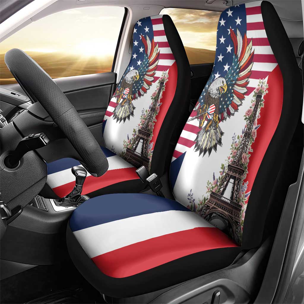 French American Heritage Month Car Seat Cover Flag Style with USA Eagle and Eiffel Tower