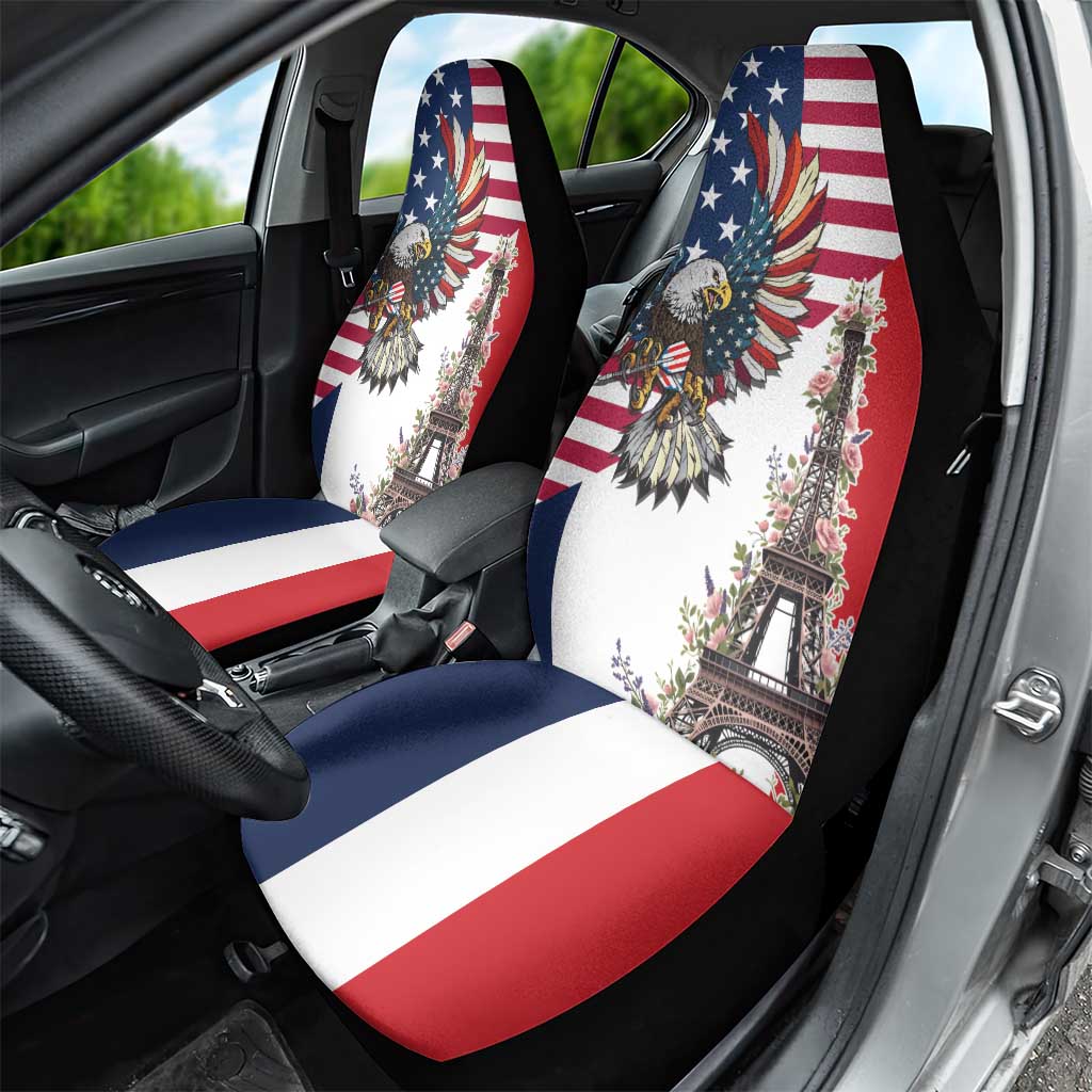 French American Heritage Month Car Seat Cover Flag Style with USA Eagle and Eiffel Tower