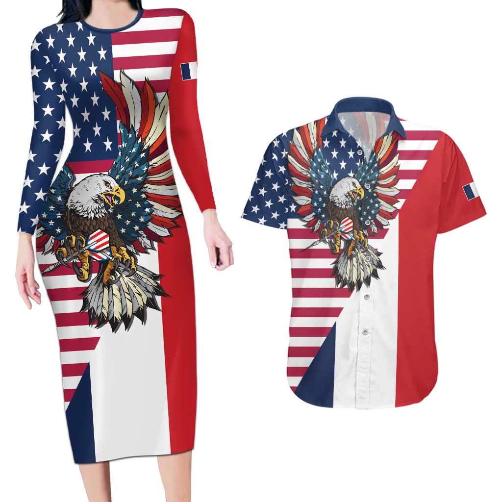 French American Heritage Month Couples Matching Long Sleeve Bodycon Dress and Hawaiian Shirt Flag Style with USA Eagle and Eiffel Tower