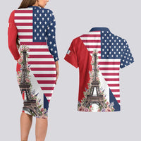 French American Heritage Month Couples Matching Long Sleeve Bodycon Dress and Hawaiian Shirt Flag Style with USA Eagle and Eiffel Tower