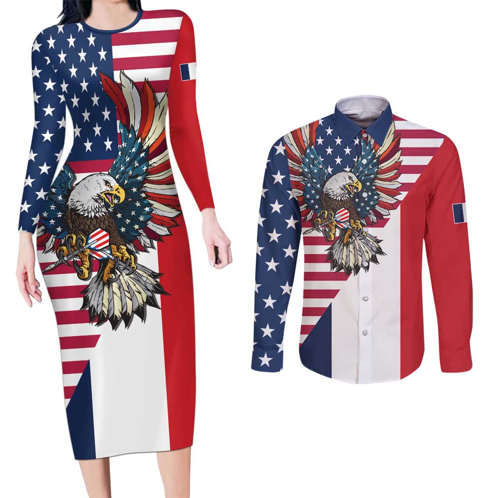 French American Heritage Month Couples Matching Long Sleeve Bodycon Dress and Long Sleeve Button Shirt Flag Style with USA Eagle and Eiffel Tower