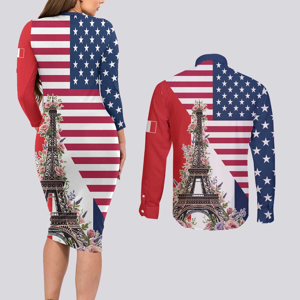 French American Heritage Month Couples Matching Long Sleeve Bodycon Dress and Long Sleeve Button Shirt Flag Style with USA Eagle and Eiffel Tower