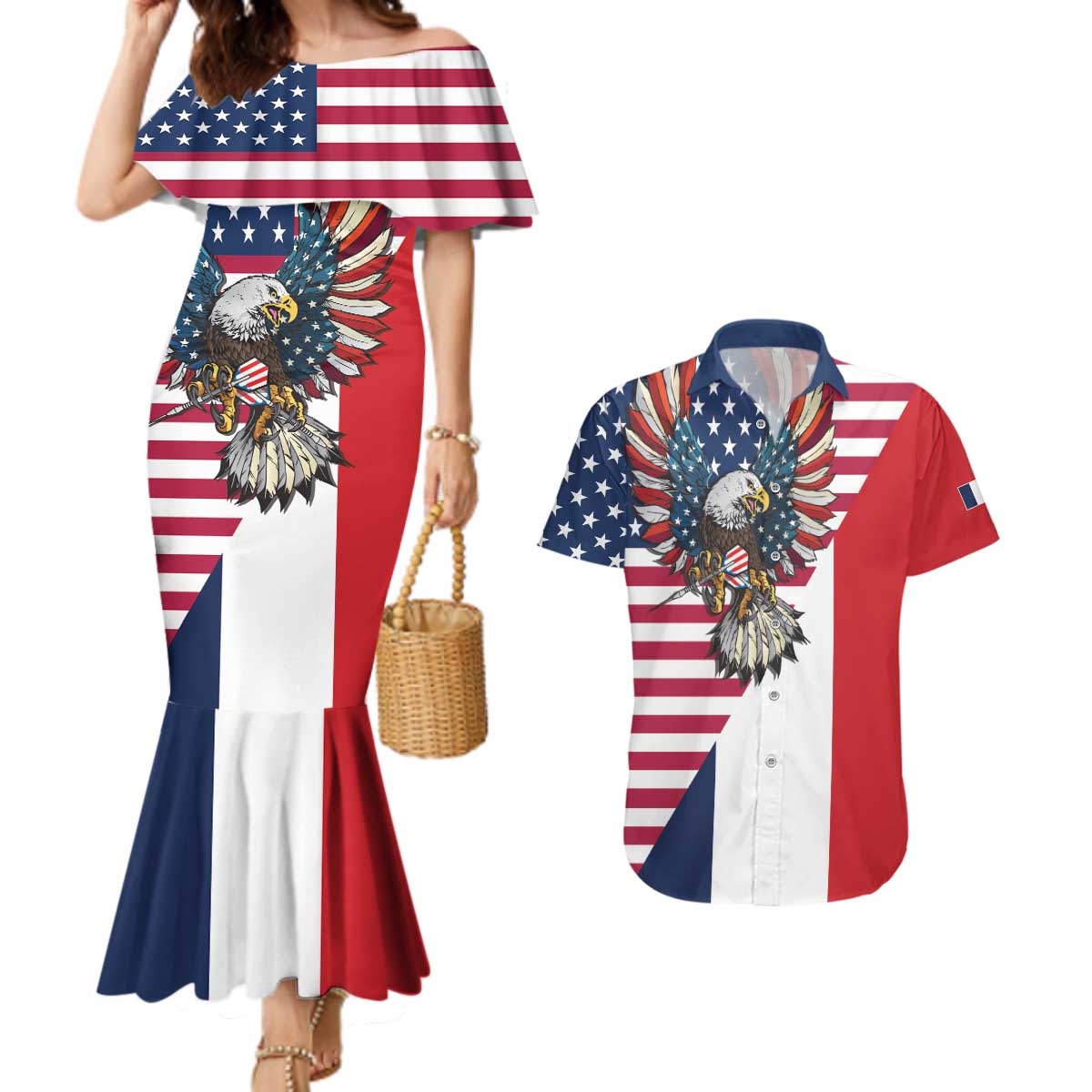 French American Heritage Month Couples Matching Mermaid Dress and Hawaiian Shirt Flag Style with USA Eagle and Eiffel Tower