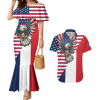 French American Heritage Month Couples Matching Mermaid Dress and Hawaiian Shirt Flag Style with USA Eagle and Eiffel Tower