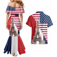 French American Heritage Month Couples Matching Mermaid Dress and Hawaiian Shirt Flag Style with USA Eagle and Eiffel Tower