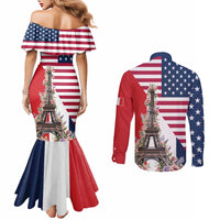 French American Heritage Month Couples Matching Mermaid Dress and Long Sleeve Button Shirt Flag Style with USA Eagle and Eiffel Tower