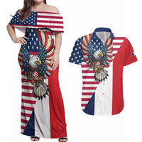 French American Heritage Month Couples Matching Off Shoulder Maxi Dress and Hawaiian Shirt Flag Style with USA Eagle and Eiffel Tower