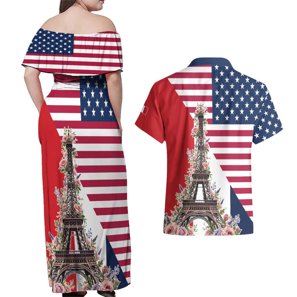 French American Heritage Month Couples Matching Off Shoulder Maxi Dress and Hawaiian Shirt Flag Style with USA Eagle and Eiffel Tower